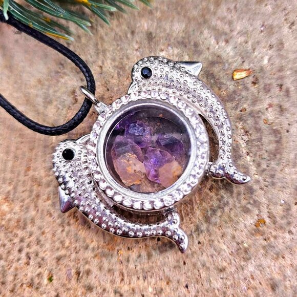 Dolphins Super Seven Raw Stone Floating Locket Necklace . Price includes locket - Picture 3 of 10